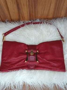 B. makowsky Red Pebbled Leather Clutch with Gold Hardware